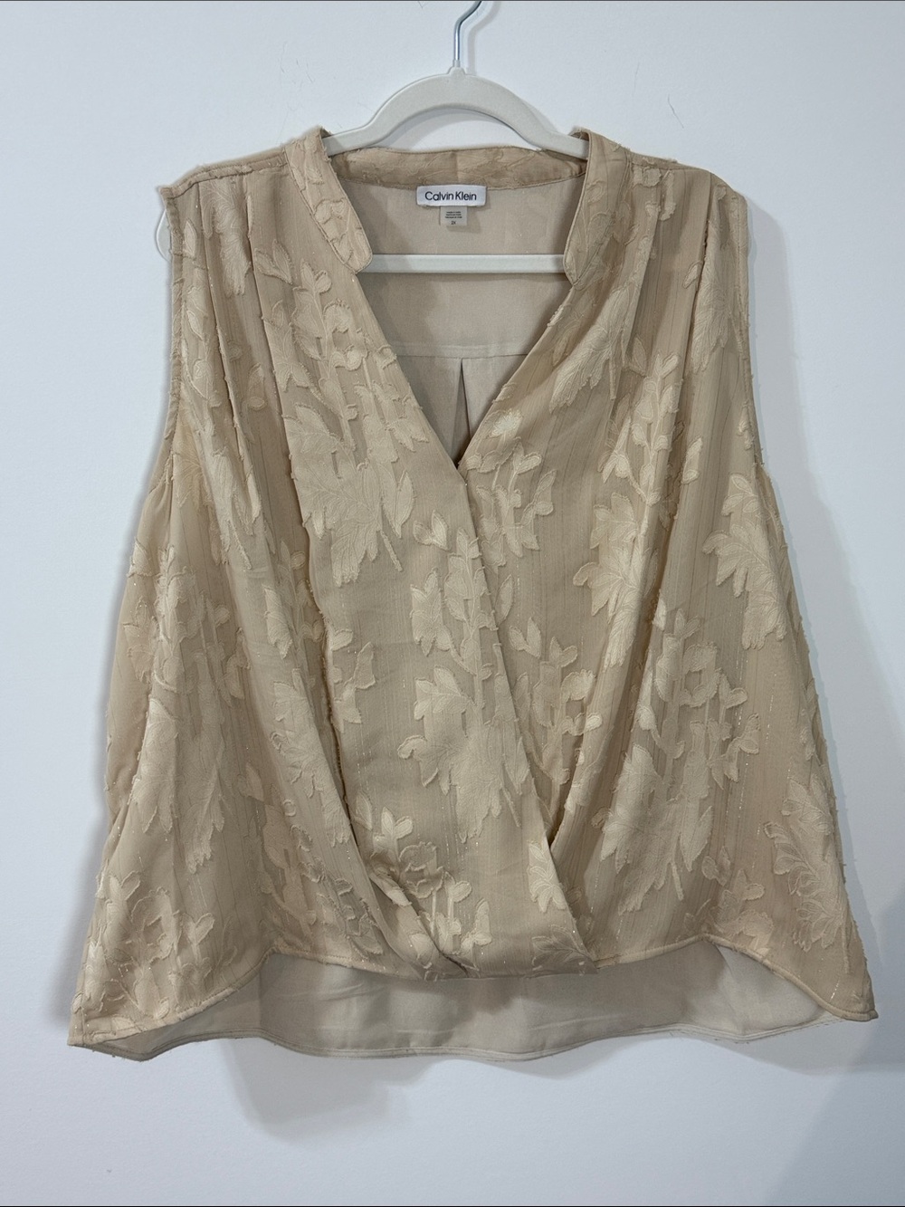 Calvin Klein Women’s Plus Size Printed Faux-Wrap Sleeveless Blouse in Tan/Cream